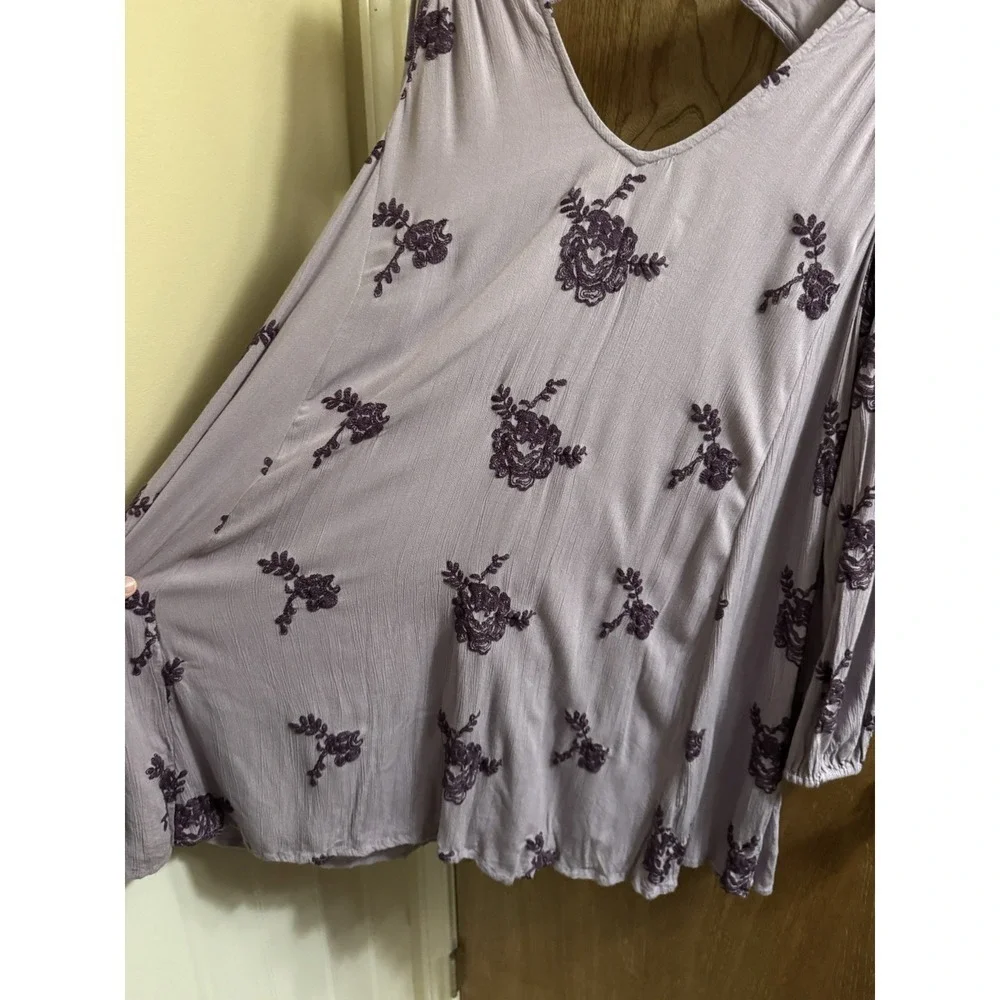 Free People Mauve Purple Floral Embroidered Long Sleeve Swing Mini Dress43